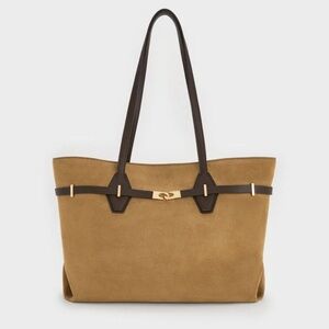 Charles & Keith Tan Suede Tote with Dark Brown Trim